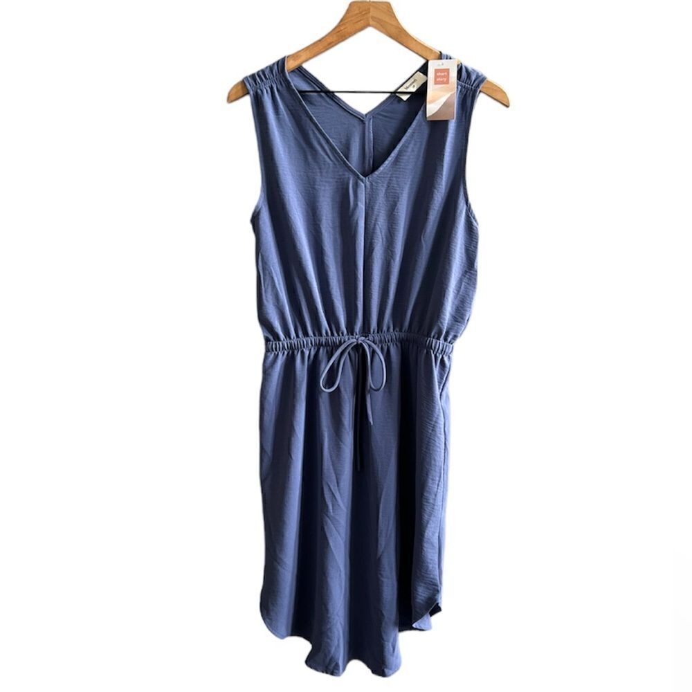 Monteri NWT Short Story Blue Knit Sleeveless Dress Drawstring Waist V-Neck Large